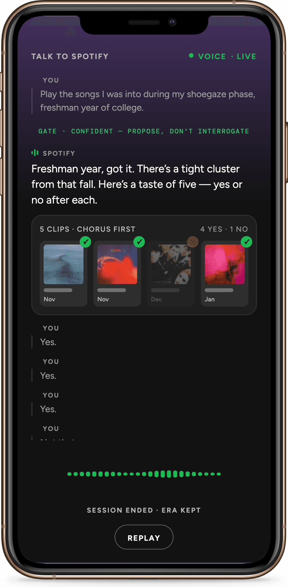 Spotify Time Machine prototype on an iPhone XS Max: the Confident conversation after five verdicts, four yes and one no, session ended and era kept