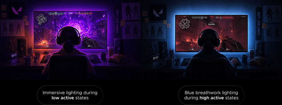 In-game: immersive lighting during low active states, blue breathwork lighting during high active states