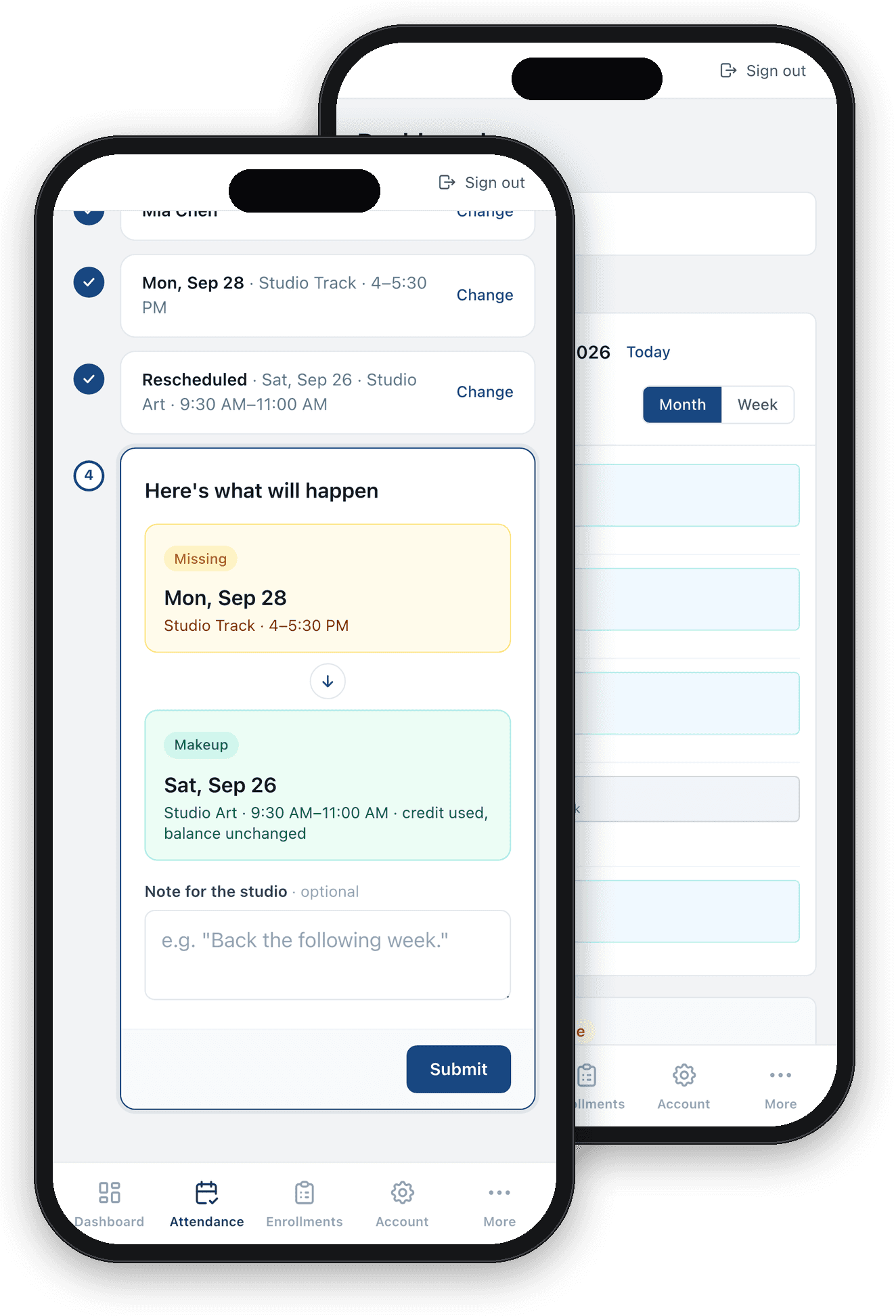 SpaceIN parent portal on two phones: the Report Absence review step pairing the missed class with its makeup, in front of the class calendar