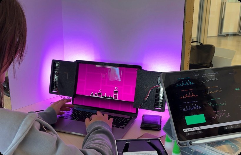 Showcase rig — laptop, LED panels and the Muse 2 dashboard